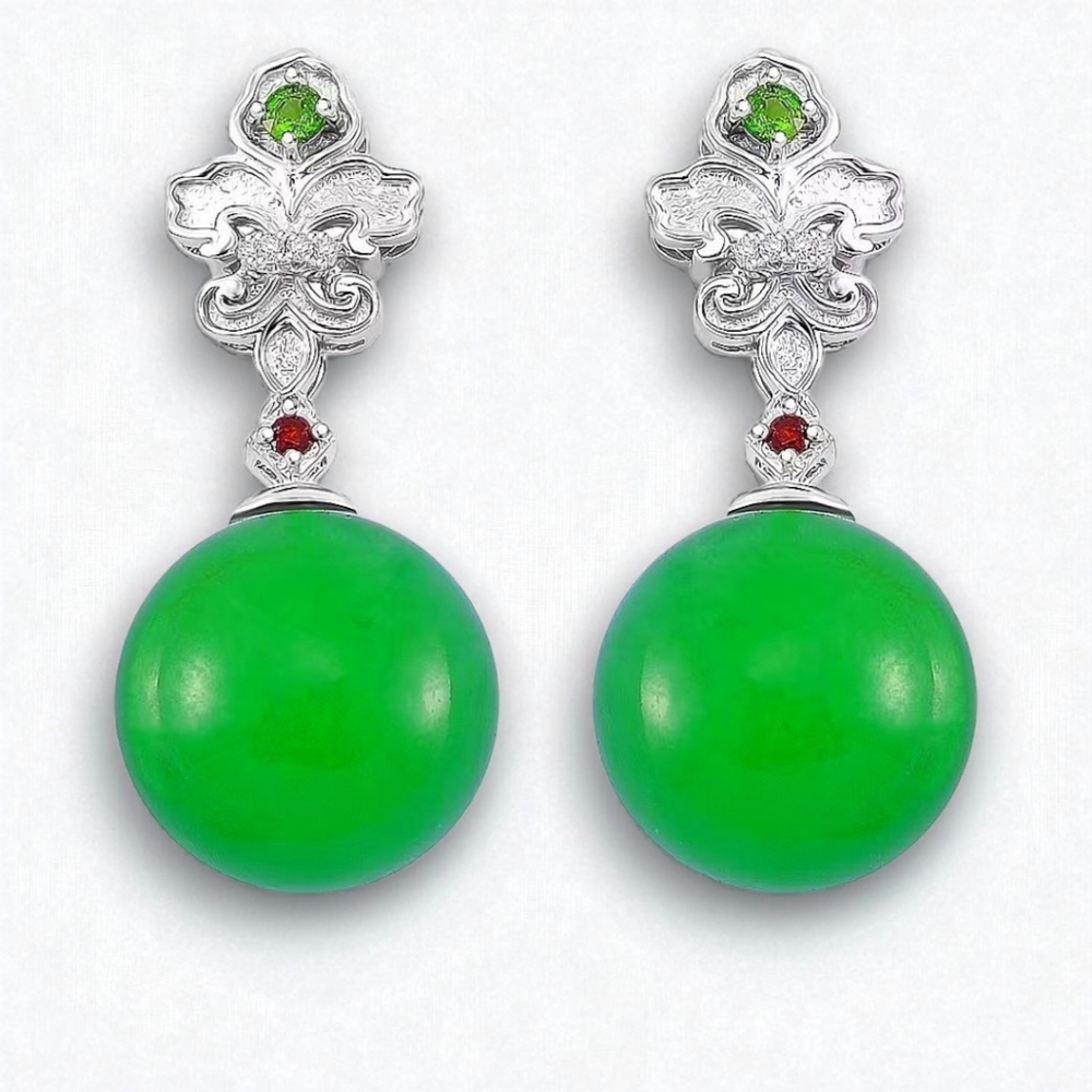Green Jade Gemstone Fleur De Lis Earrings Sterling - Picture 2 of 5